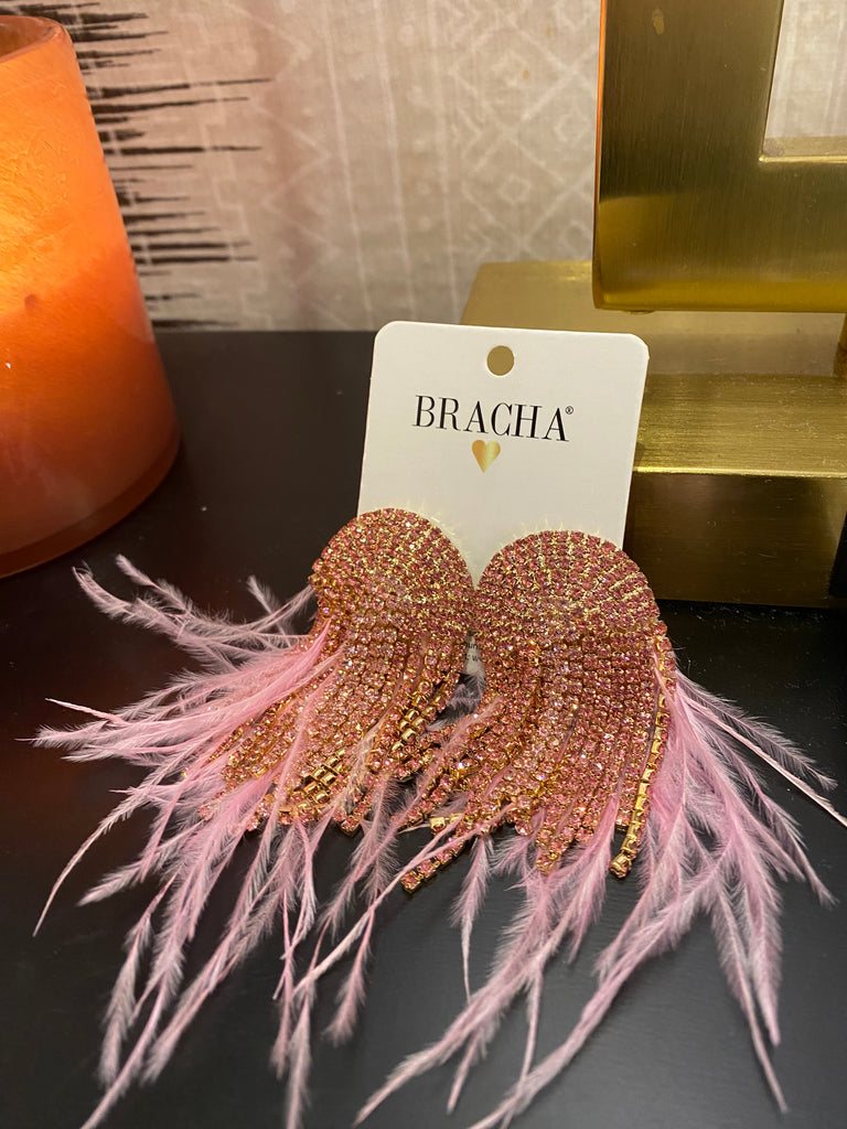 Pink Rhinestone Feather Earrings