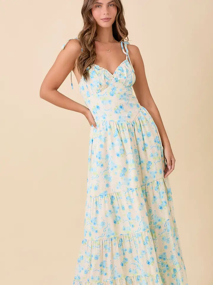 Shoulder Strap Tie Maxi Tier Dress